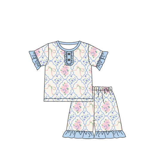 Baby Girls Pink Flowers Bows Ruffle Shirts Shorts Pajamas Preorder