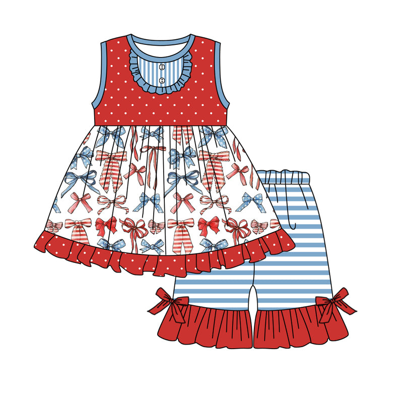 Baby Girls 4th Of July Bows Ruffle Tunic Shorts Clothes Sets Preorder