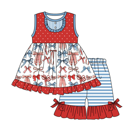 Baby Girls 4th Of July Bows Ruffle Tunic Shorts Clothes Sets Preorder