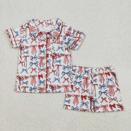 Sibling Baby Girls Bows Button Top Short 4th Of July Pajamas Sets
