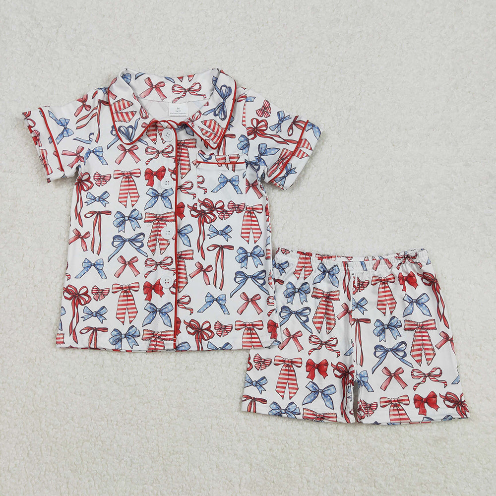 Baby Girls 4th Of July Bows Buttons Shirt Shorts Clothes Sets