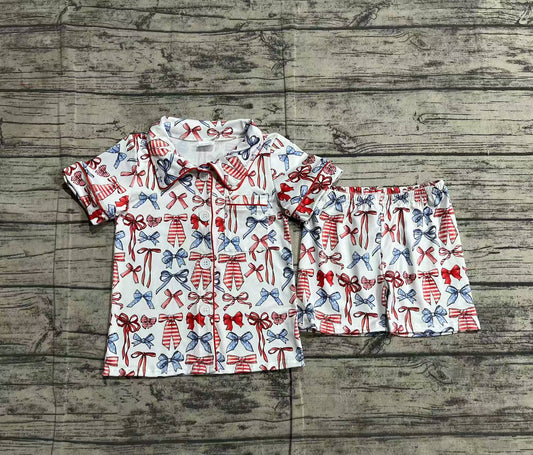 Baby Girls 4th Of July Bows Buttons Shirt Shorts Clothes Sets