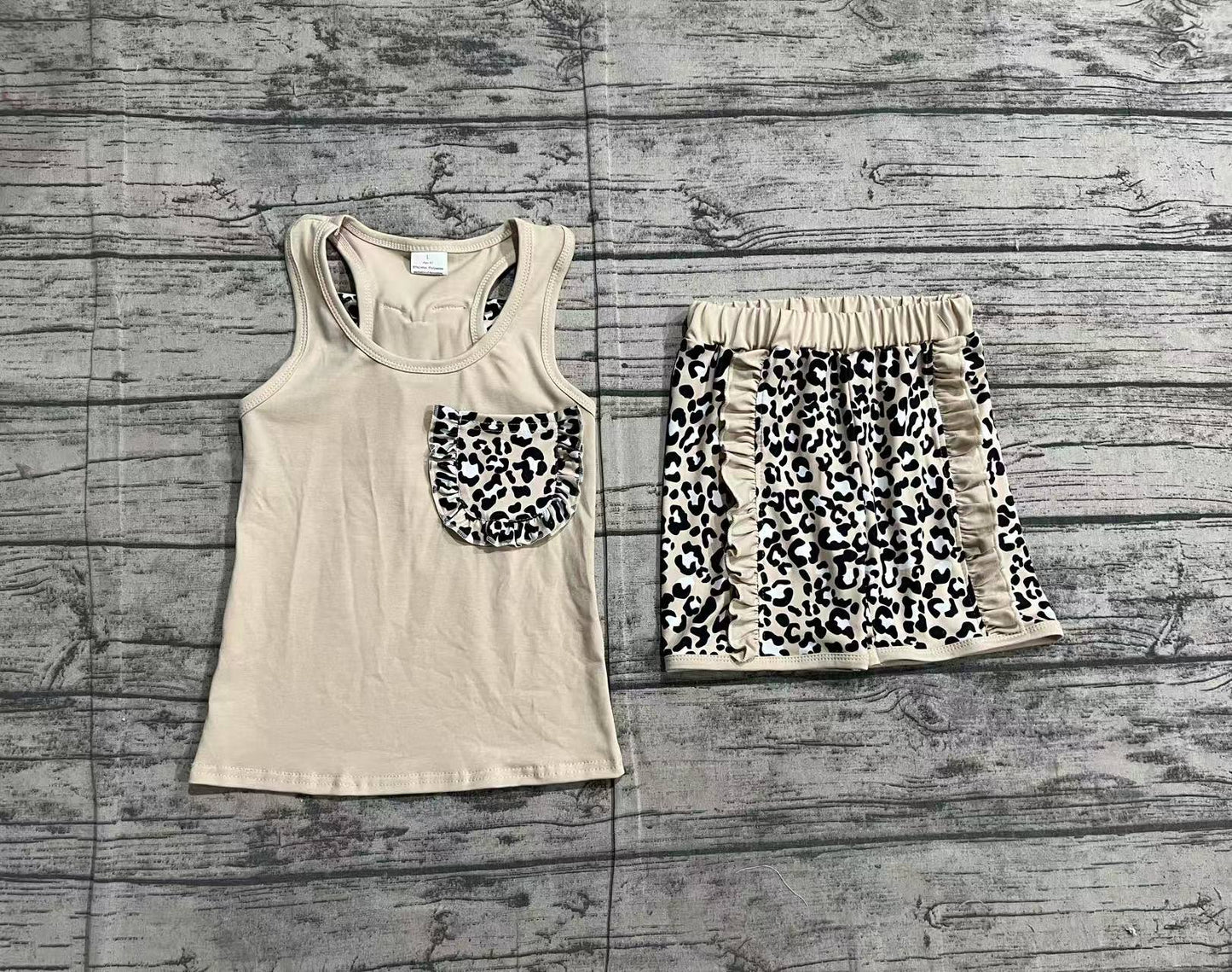 Baby Girls Khaki Pocket Bow Vest Ruffle Leopard Shorts Sets