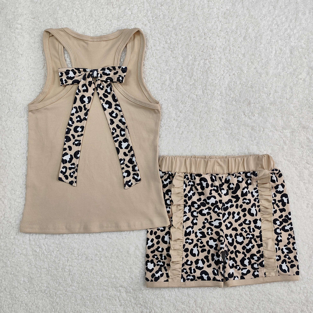 Baby Girls Khaki Pocket Bow Vest Ruffle Leopard Shorts Sets