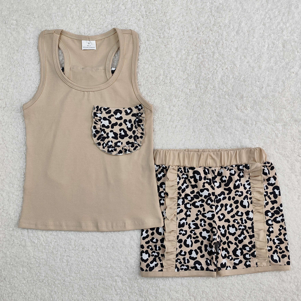 Baby Girls Khaki Pocket Bow Vest Ruffle Leopard Shorts Sets