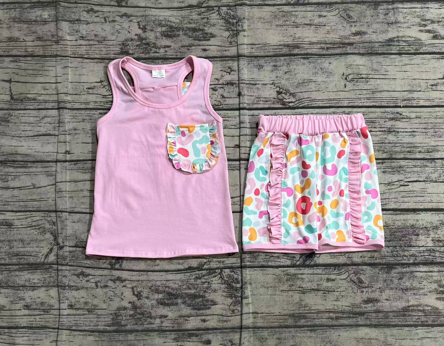 Baby Girls Pink Pocket Bow Vest Ruffle Leopard Shorts Sets