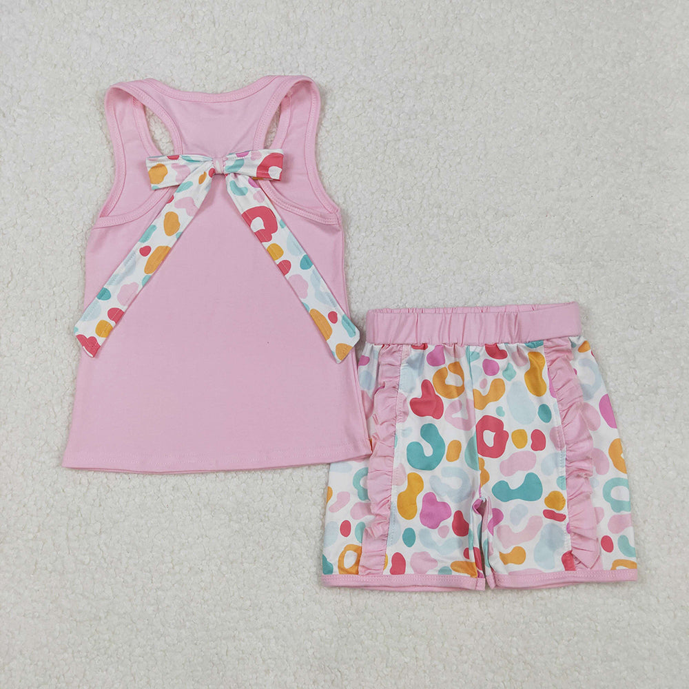 Baby Girls Pink Pocket Bow Vest Ruffle Leopard Shorts Sets