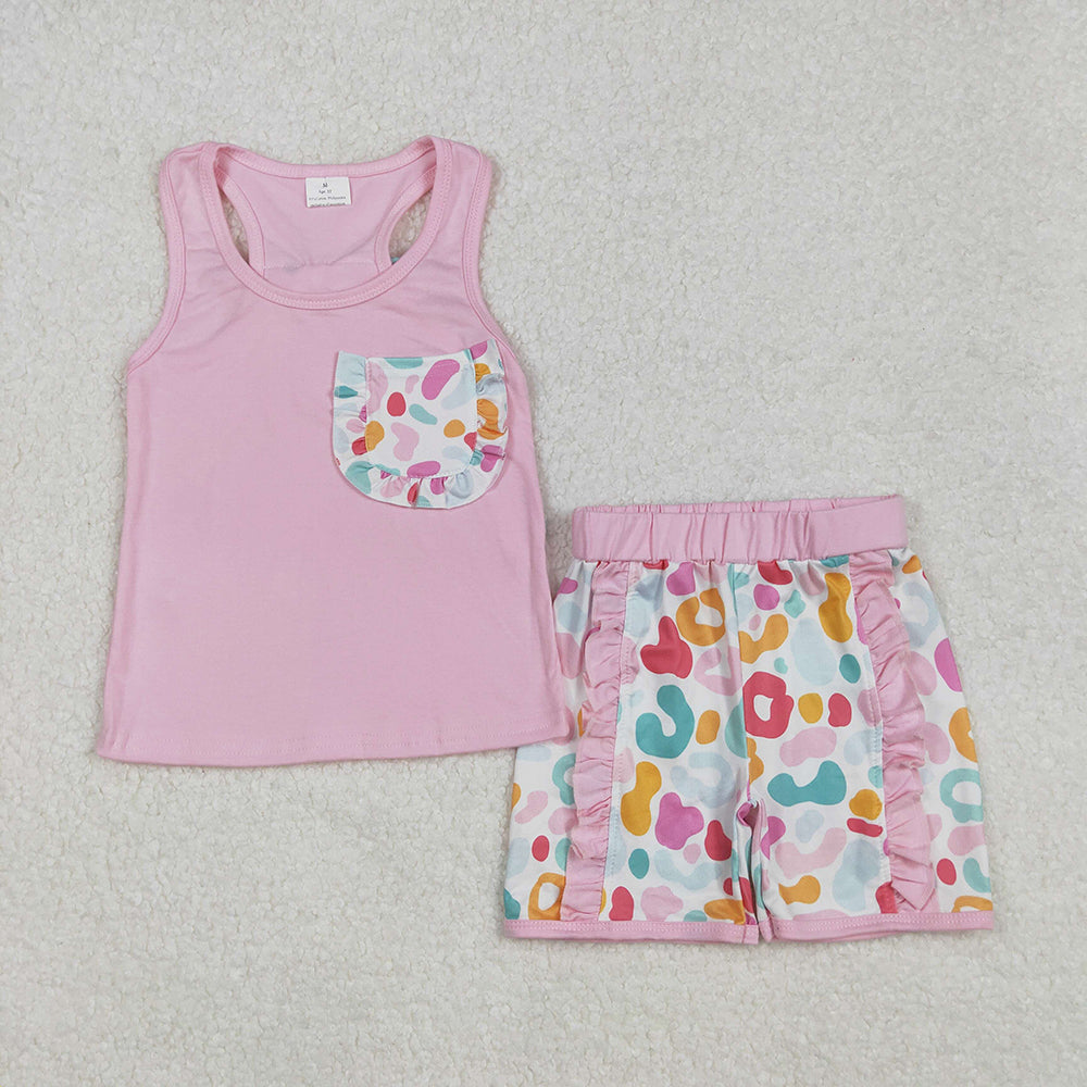 Baby Girls Pink Pocket Bow Vest Ruffle Leopard Shorts Sets