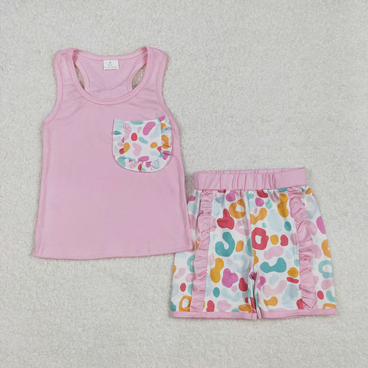 Baby Girls Pink Pocket Bow Vest Ruffle Leopard Shorts Sets