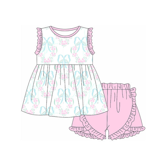 Baby Girls Pink Bows Flowers Tunic Ruffle Shorts Sets Preorder