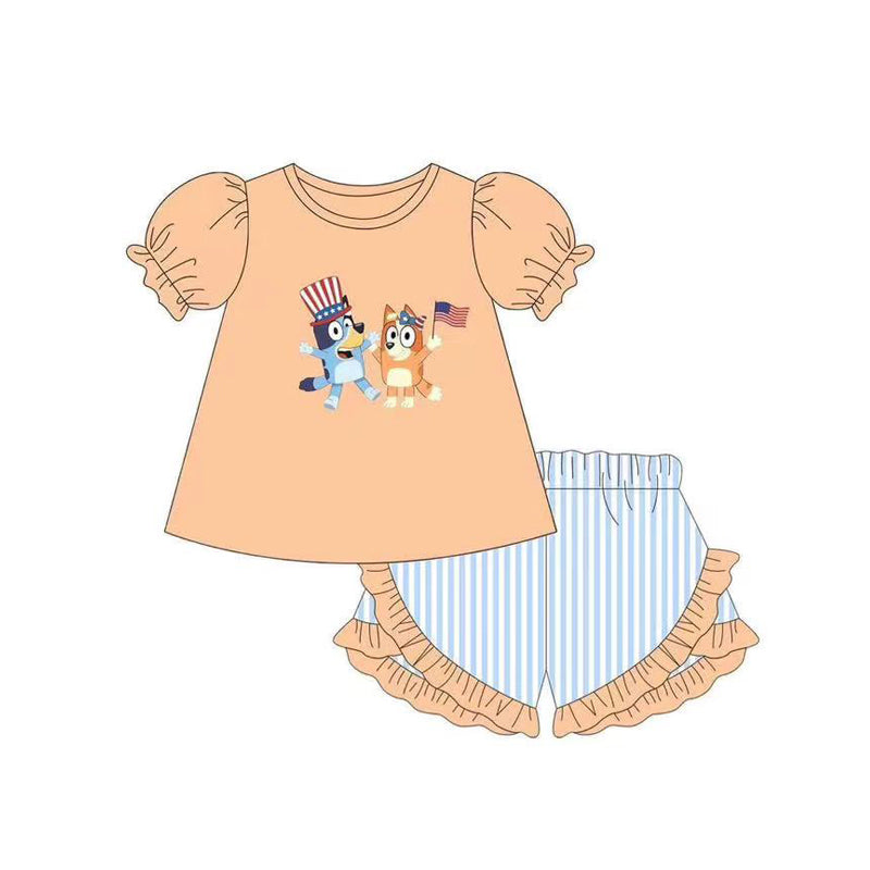Baby Girls Orange Tunic 4th Of July Dogs Shorts Sets Preorder