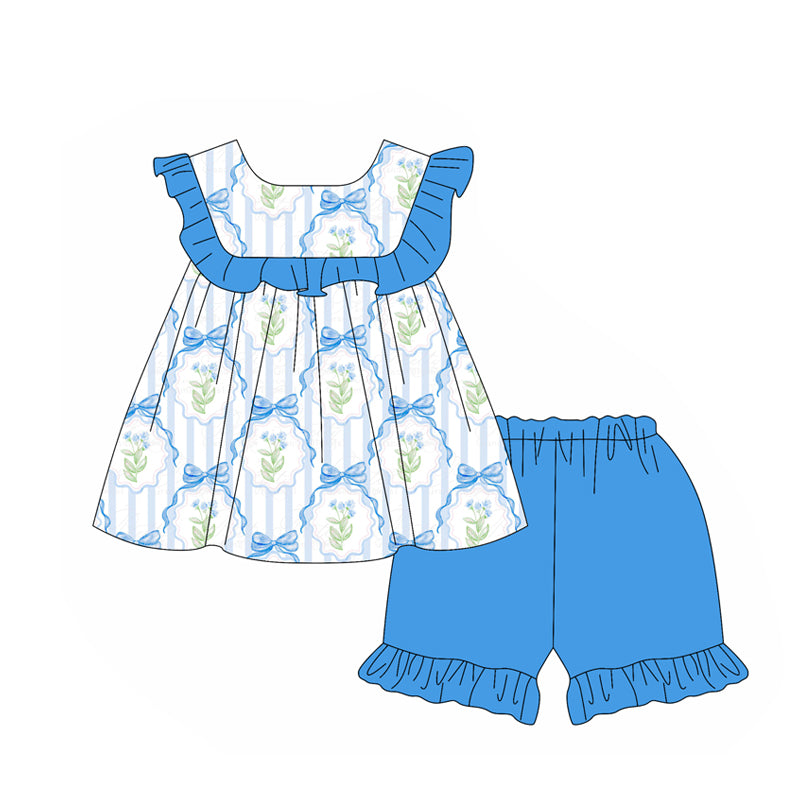 Baby Girls Blue Bows Flowers Tunic Ruffle Shorts Sets Preorder