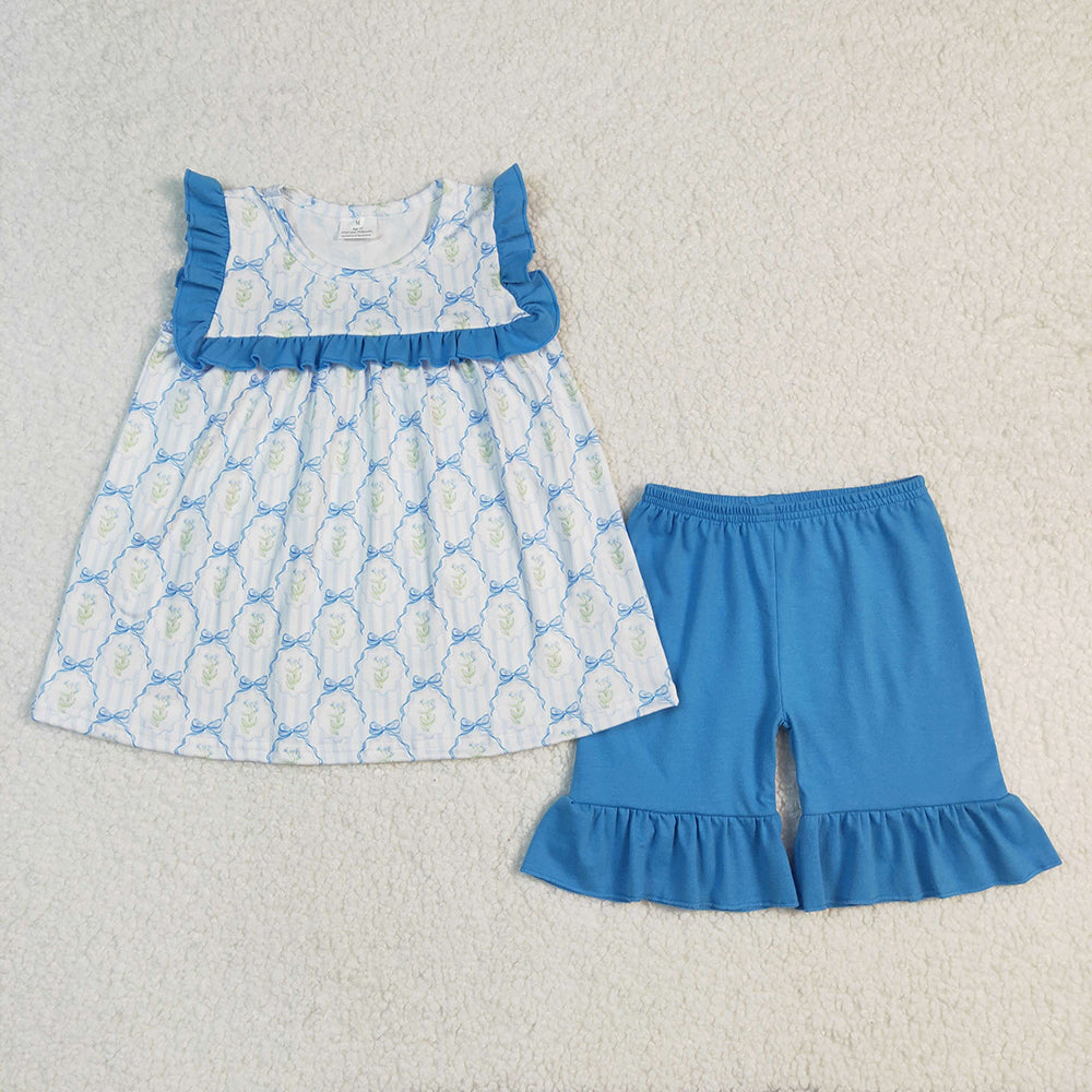 Baby Girls Blue Bows Flowers Tunic Ruffle Shorts Sets