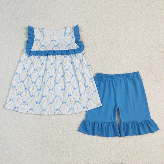 Baby Girls Blue Bows Flowers Tunic Ruffle Shorts Sets