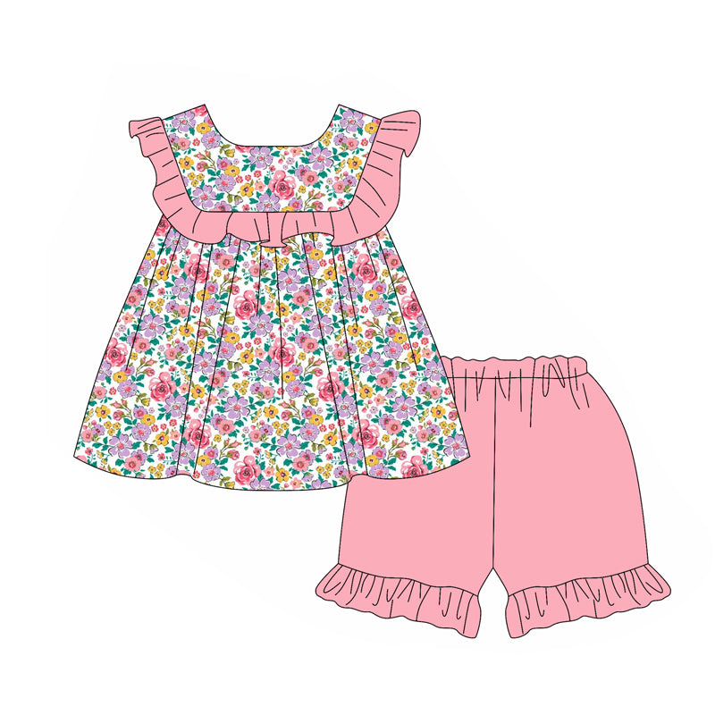 Baby Girls Pink Lavender Small Flowers Tunic Ruffle Shorts Sets Preorder