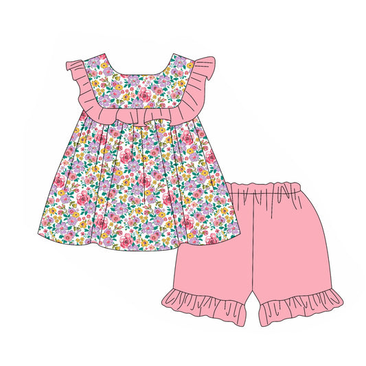 Baby Girls Pink Lavender Small Flowers Tunic Ruffle Shorts Sets Preorder