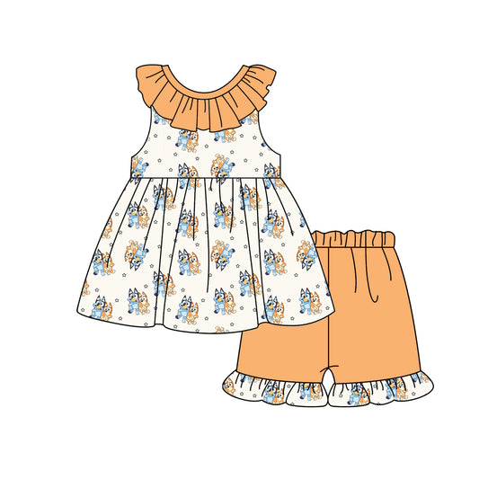 Baby Girls Orange Dog Stars Tunic Ruffle Shorts Sets Preorder