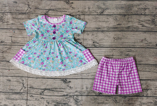 Baby Girls Blue Flowers Pockets Tunic Shorts Clothes Sets