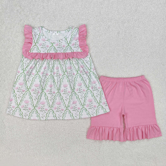 Baby Girls Green Bows Pink Flowers Tunic Shorts Sets