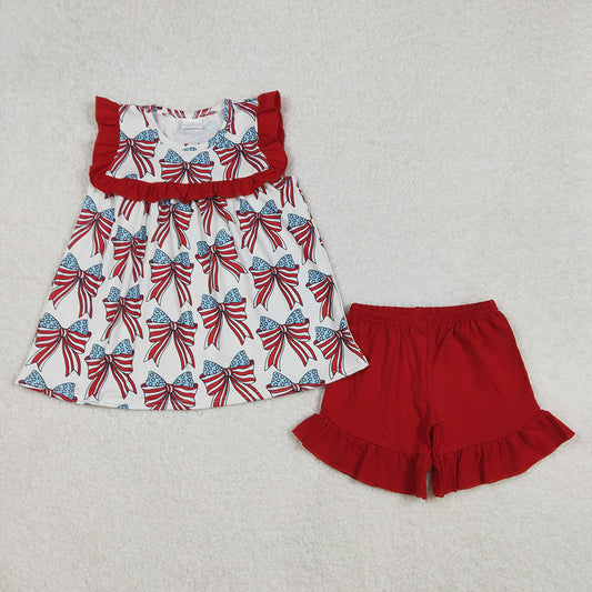 Baby Girls 4th Of July Bow Ruffles Tunic Ruffle Shorts Sets