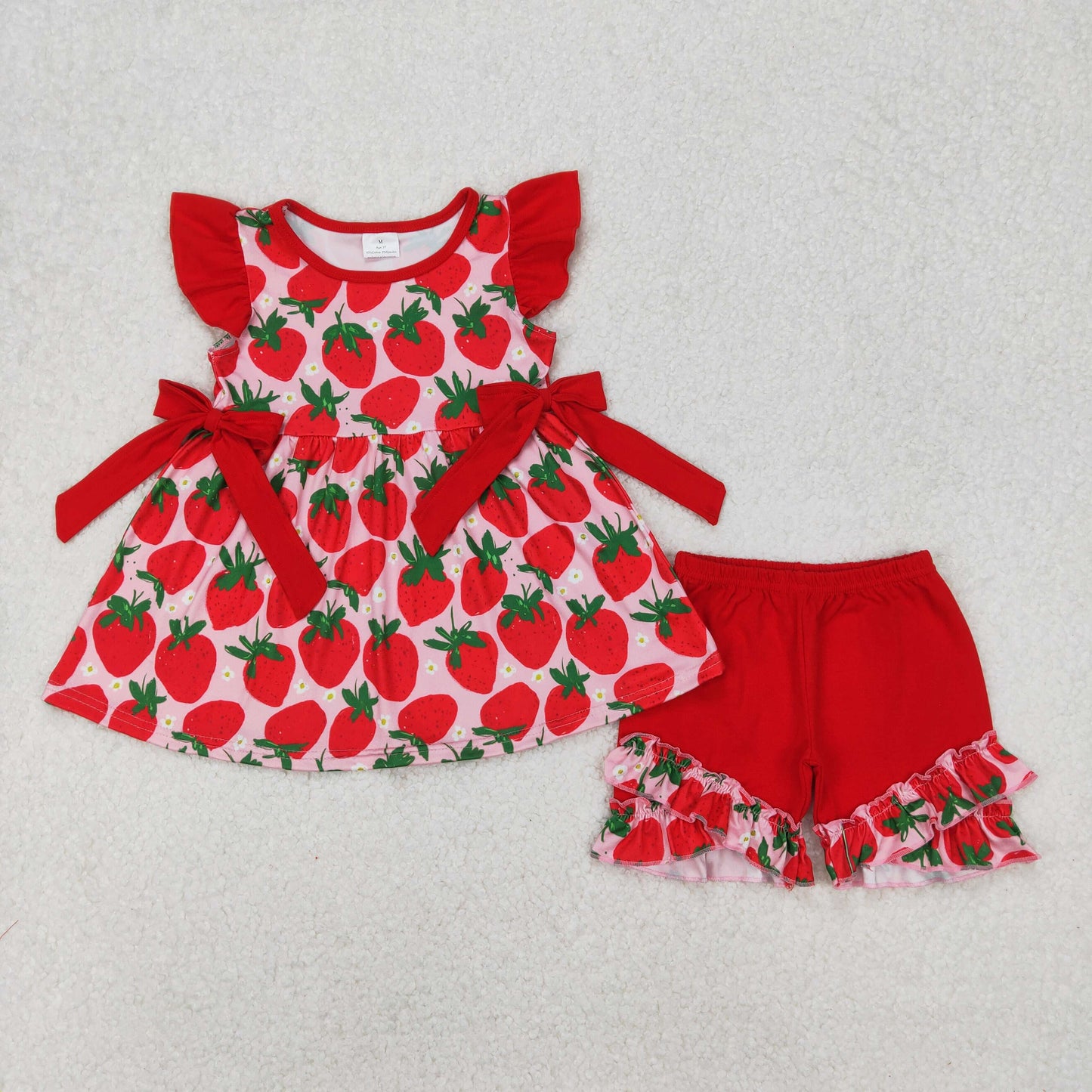 Sibling Baby Girls Red Short Sleeves Strawberry Bows Ruffle Shorts Clothes Sets Footie Rompers