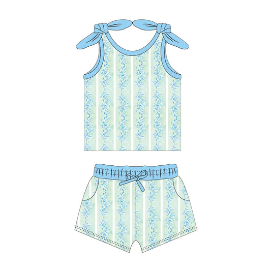Baby Girls Blue Leaves Tie Vest Top Shorts Clothes Sets Preorder