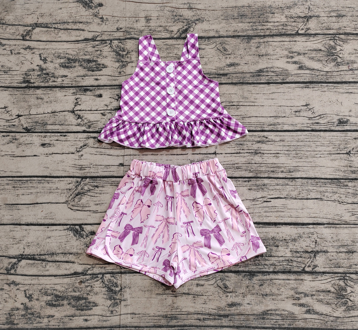 Baby Girls Purple Checkered Straps Top Bows Shorts Clothes Sets