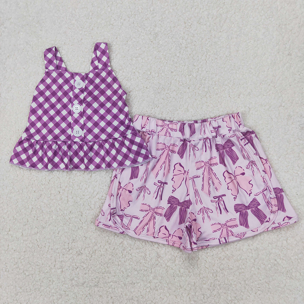 Baby Girls Purple Checkered Straps Top Bows Shorts Clothes Sets