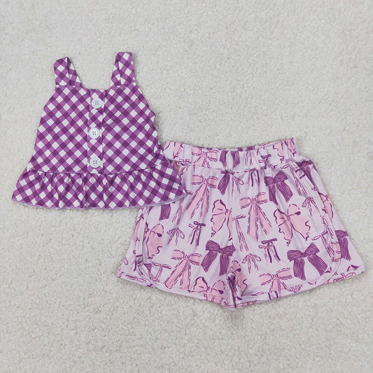 Baby Girls Purple Checkered Straps Top Bows Shorts Clothes Sets