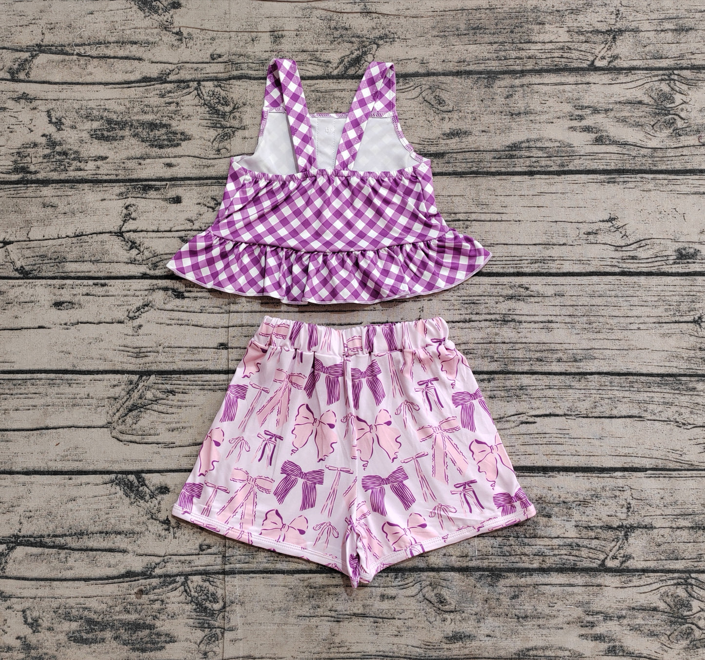Baby Girls Purple Checkered Straps Top Bows Shorts Clothes Sets