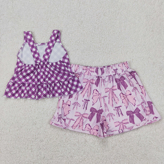 Baby Girls Purple Checkered Straps Top Bows Shorts Clothes Sets