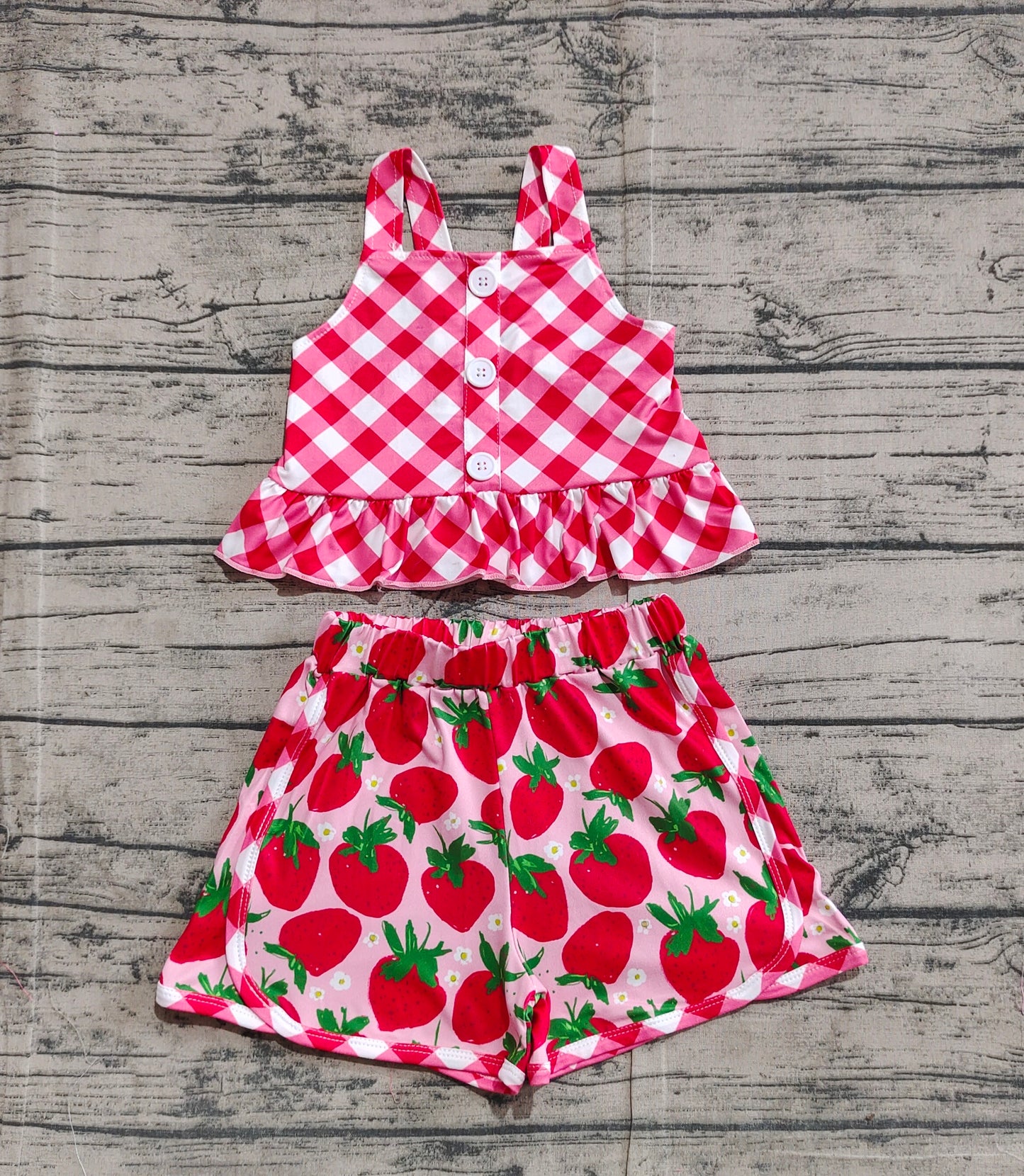 Baby Girls Red Checkered Straps Top Strawberry Shorts Clothes Sets