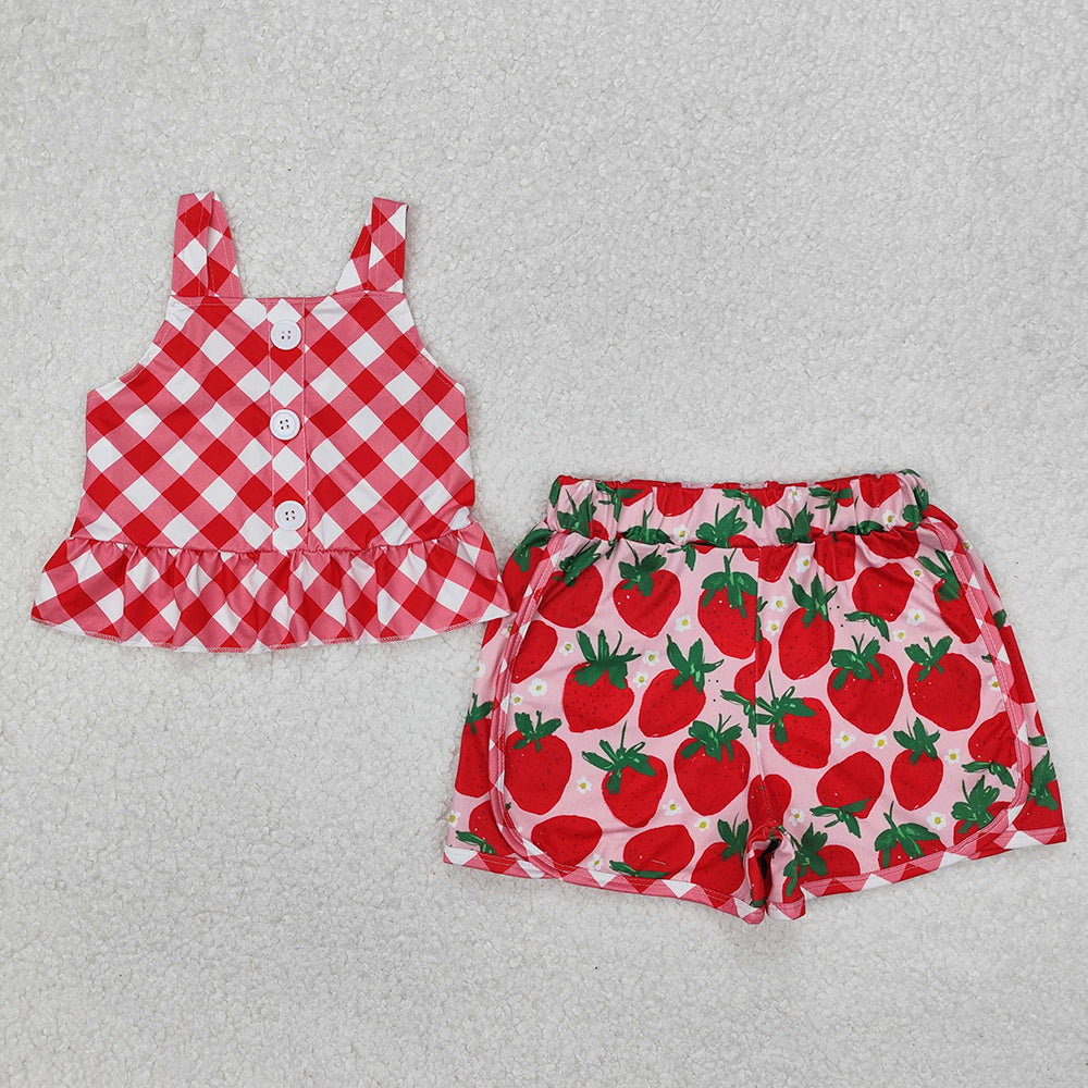 Baby Girls Red Checkered Straps Top Strawberry Shorts Clothes Sets