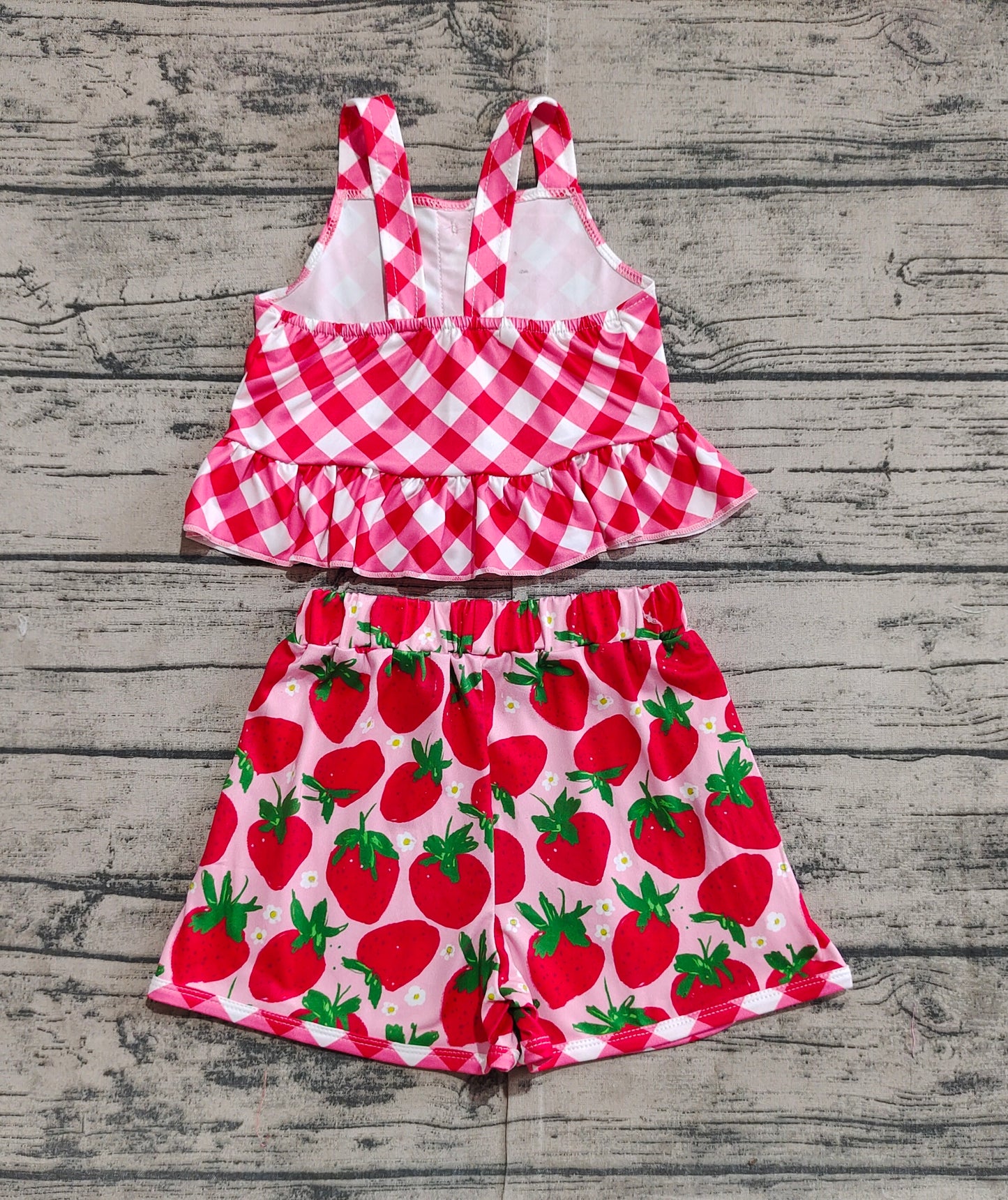 Baby Girls Red Checkered Straps Top Strawberry Shorts Clothes Sets