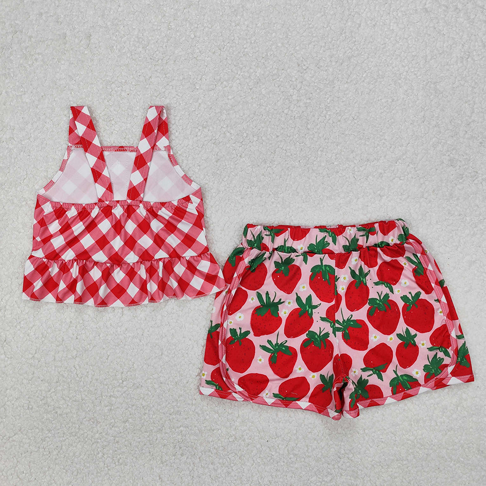 Baby Girls Red Checkered Straps Top Strawberry Shorts Clothes Sets