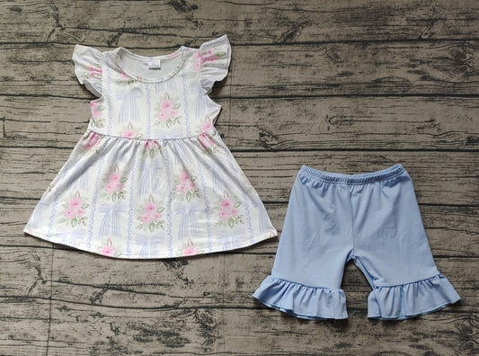 Baby Girls Pink Flowers Bows Tunic Shorts Clothes Sets