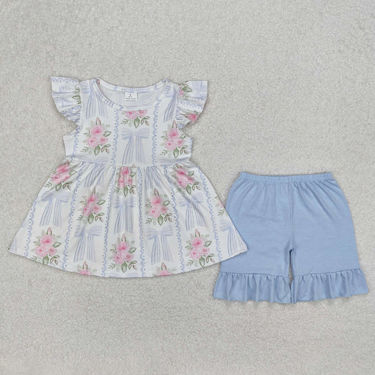 Baby Girls Pink Flowers Bows Tunic Shorts Clothes Sets