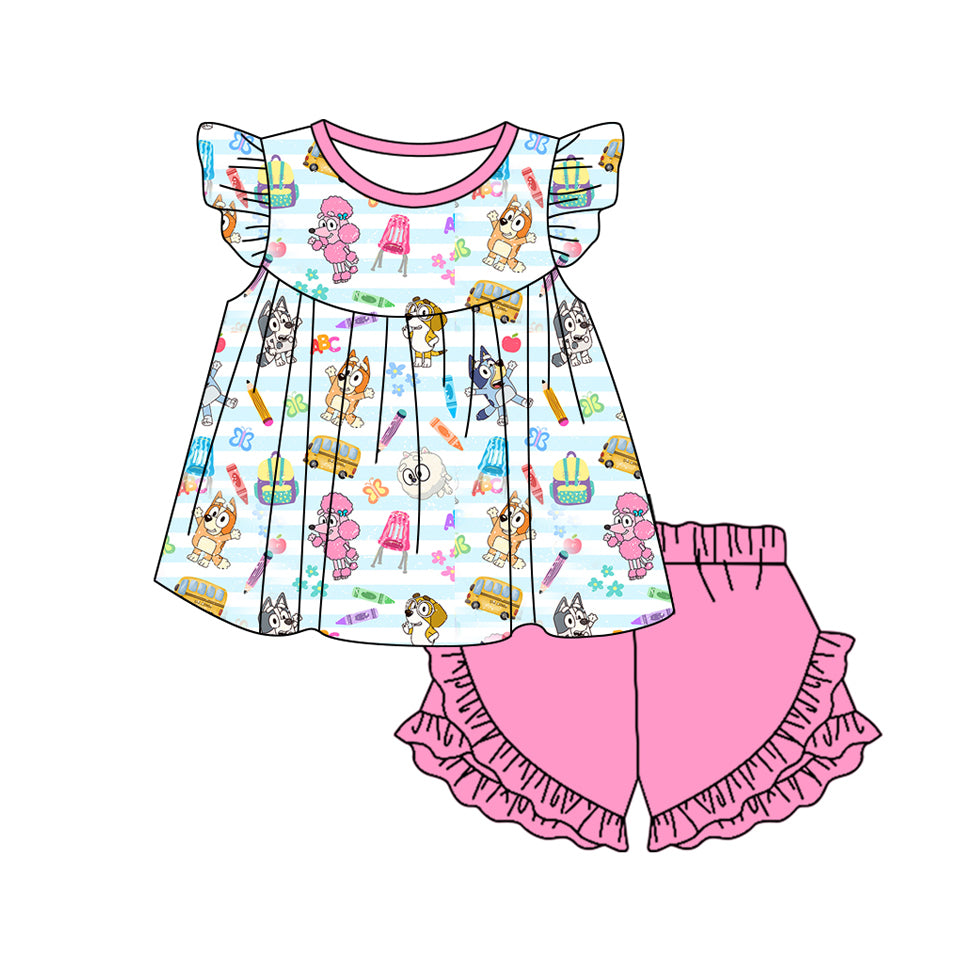 Preorder moq 5 Baby Girls Back To School Dogs Tunic Ruffle Shorts Sets