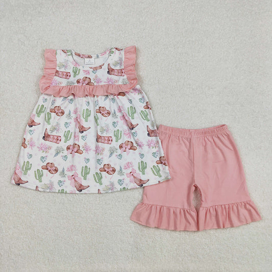 Baby Girls Western Boots Castus Flowers Tunic Ruffle Shorts Sets