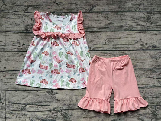 Baby Girls Western Boots Castus Flowers Tunic Ruffle Shorts Sets