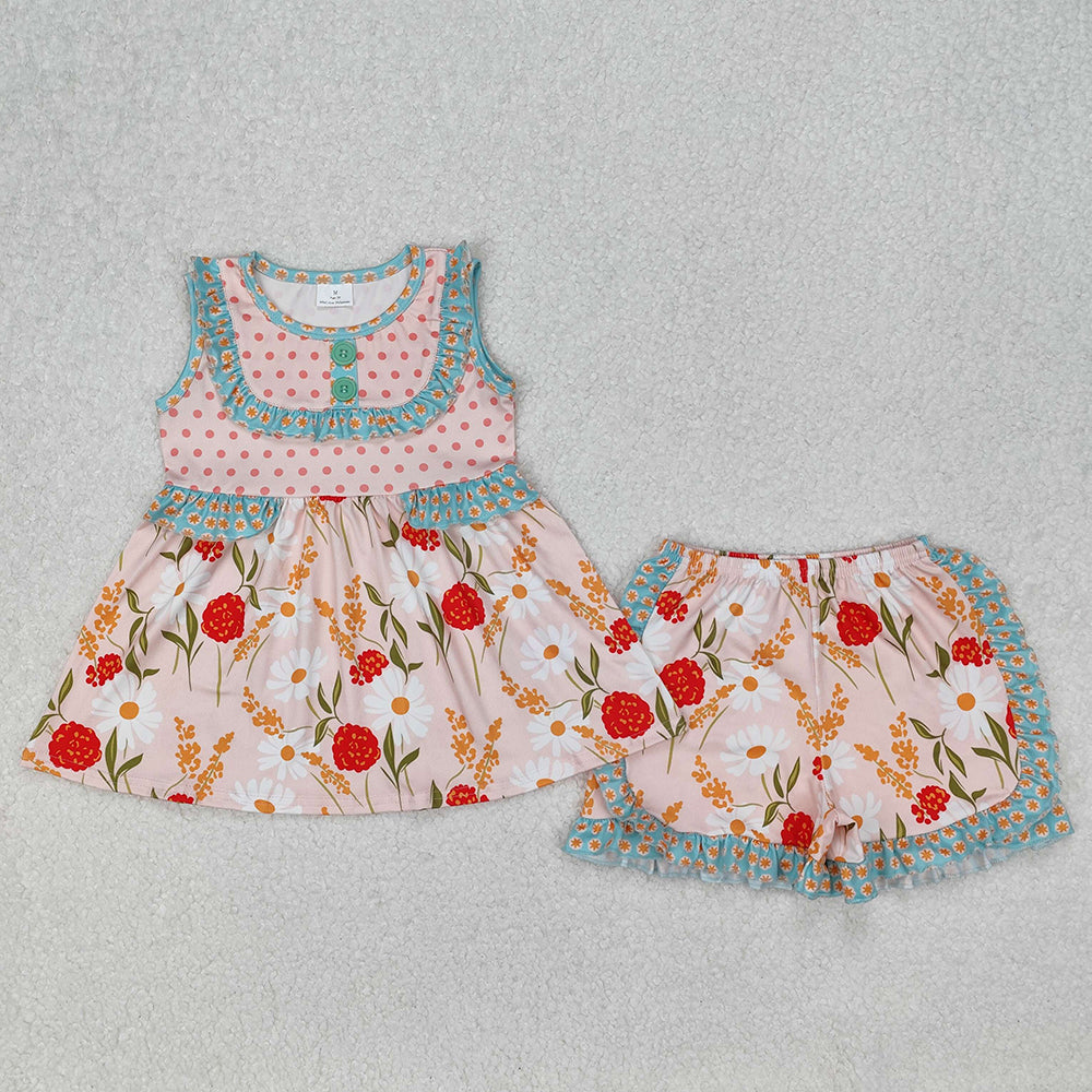 Baby Girls Summer Polka Dots Flowers Tunic Ruffle Shorts Sets