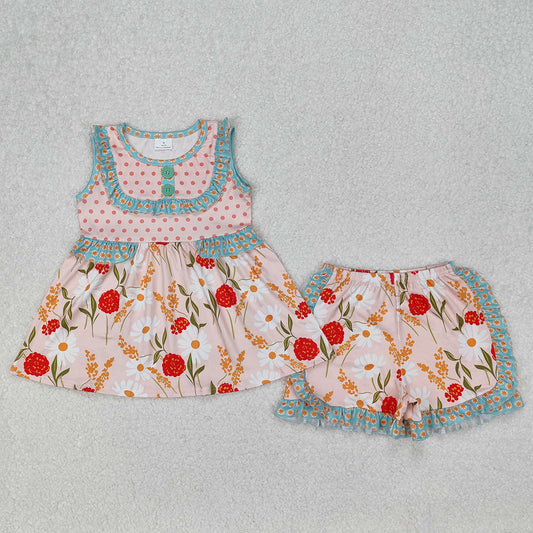 Baby Girls Summer Polka Dots Flowers Tunic Ruffle Shorts Sets