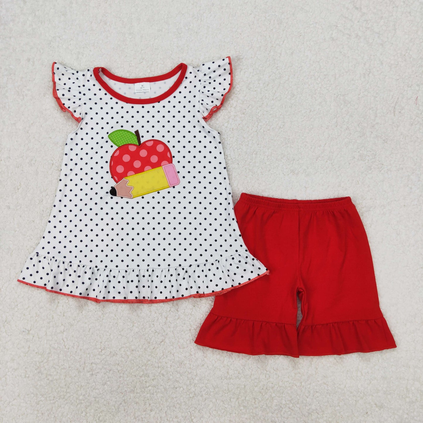 Sibling Embroidery Apples Pencils Baby Kids Back To School Short Clothes Set Dresses