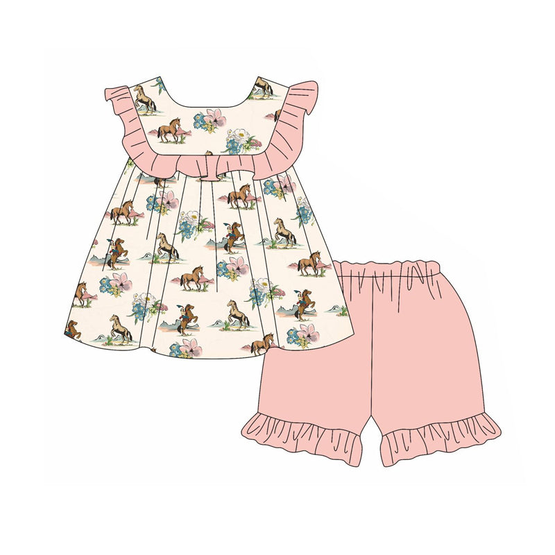 Baby Girls Western Horse Flowers Top Ruffle Shorts Clothes Sets Preorder