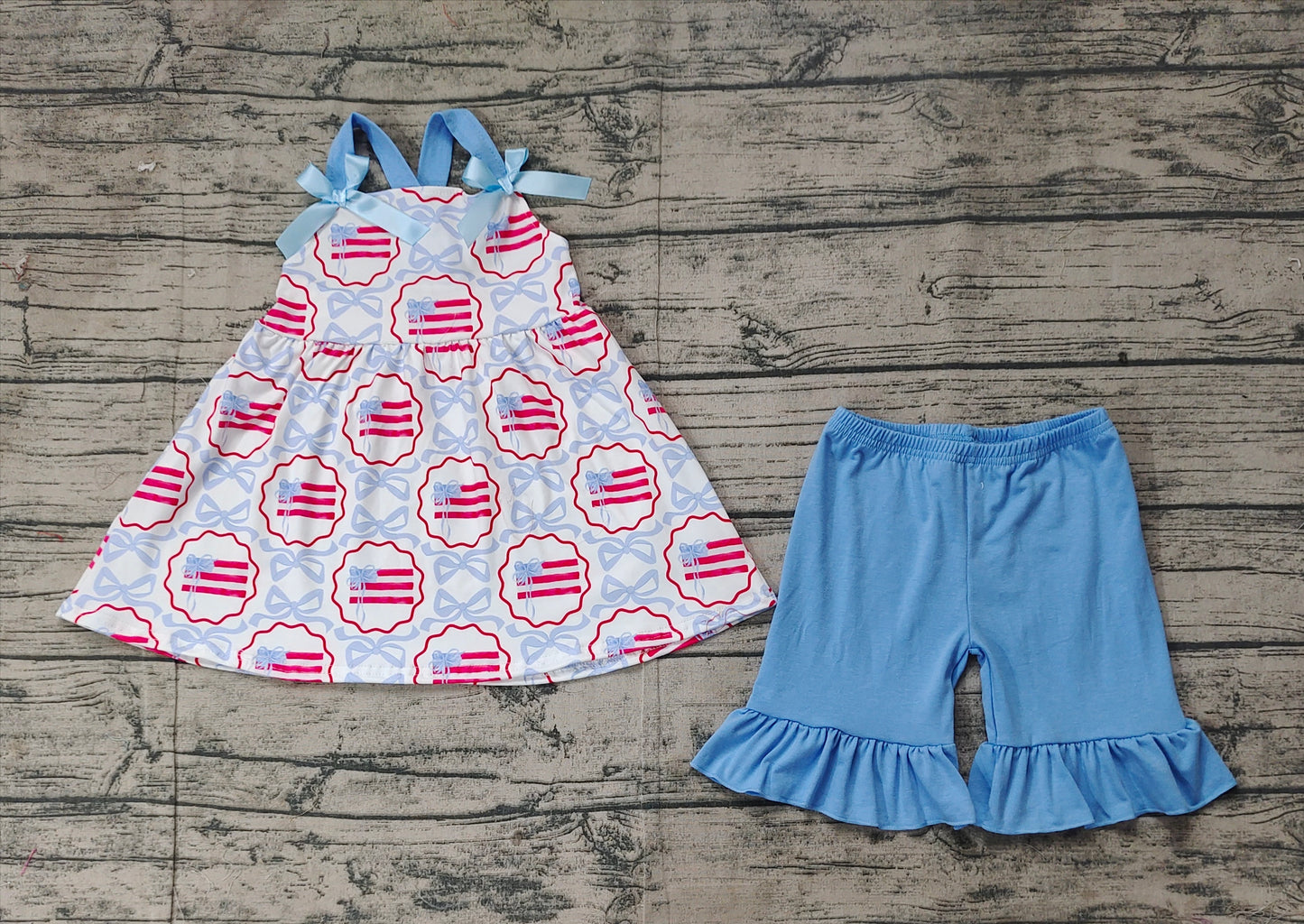 Baby Girls Blue Bows Flag Top Ruffle Shorts Clothes Sets