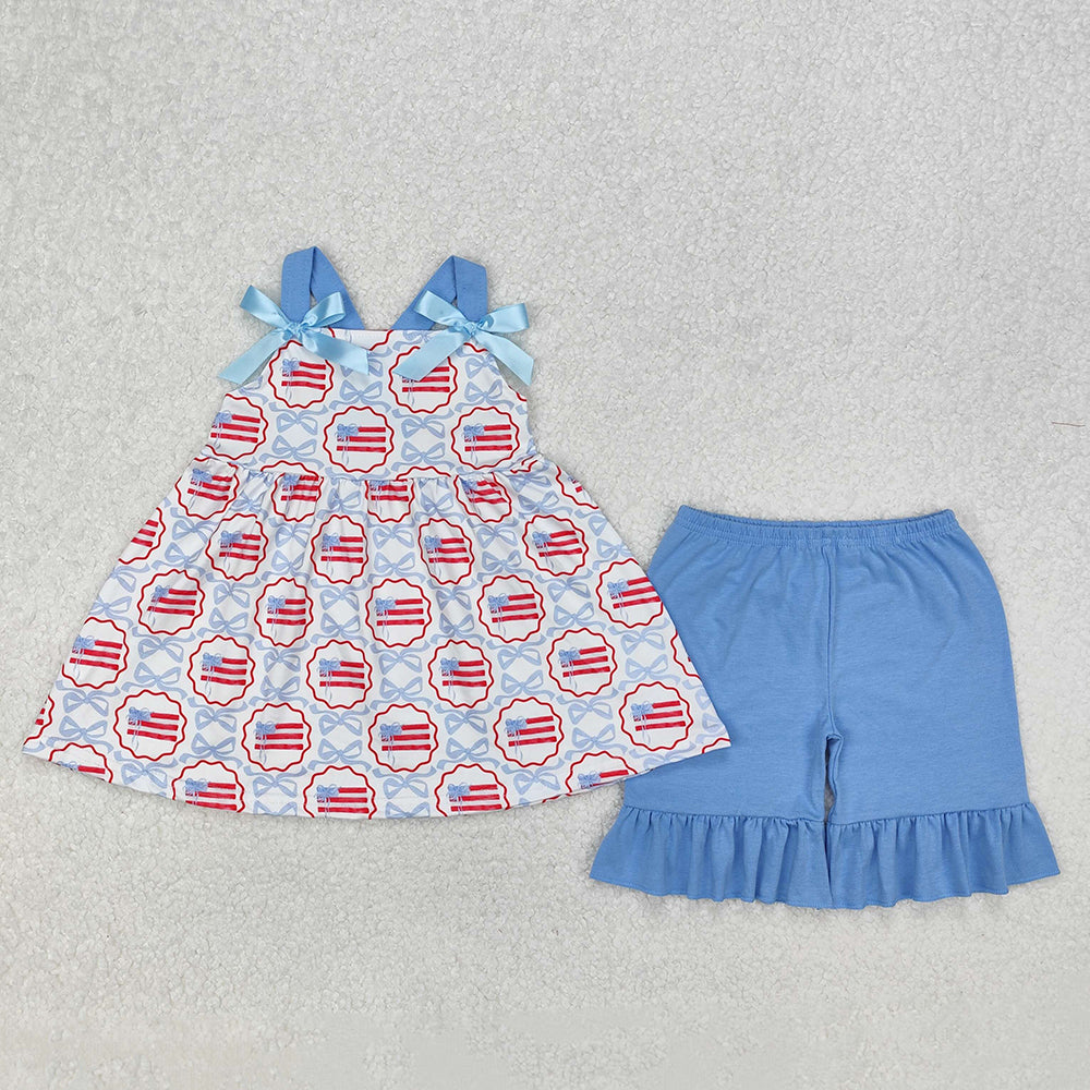 Sibling Baby Girls Blue Bows Flag Rompers Outfits Sets