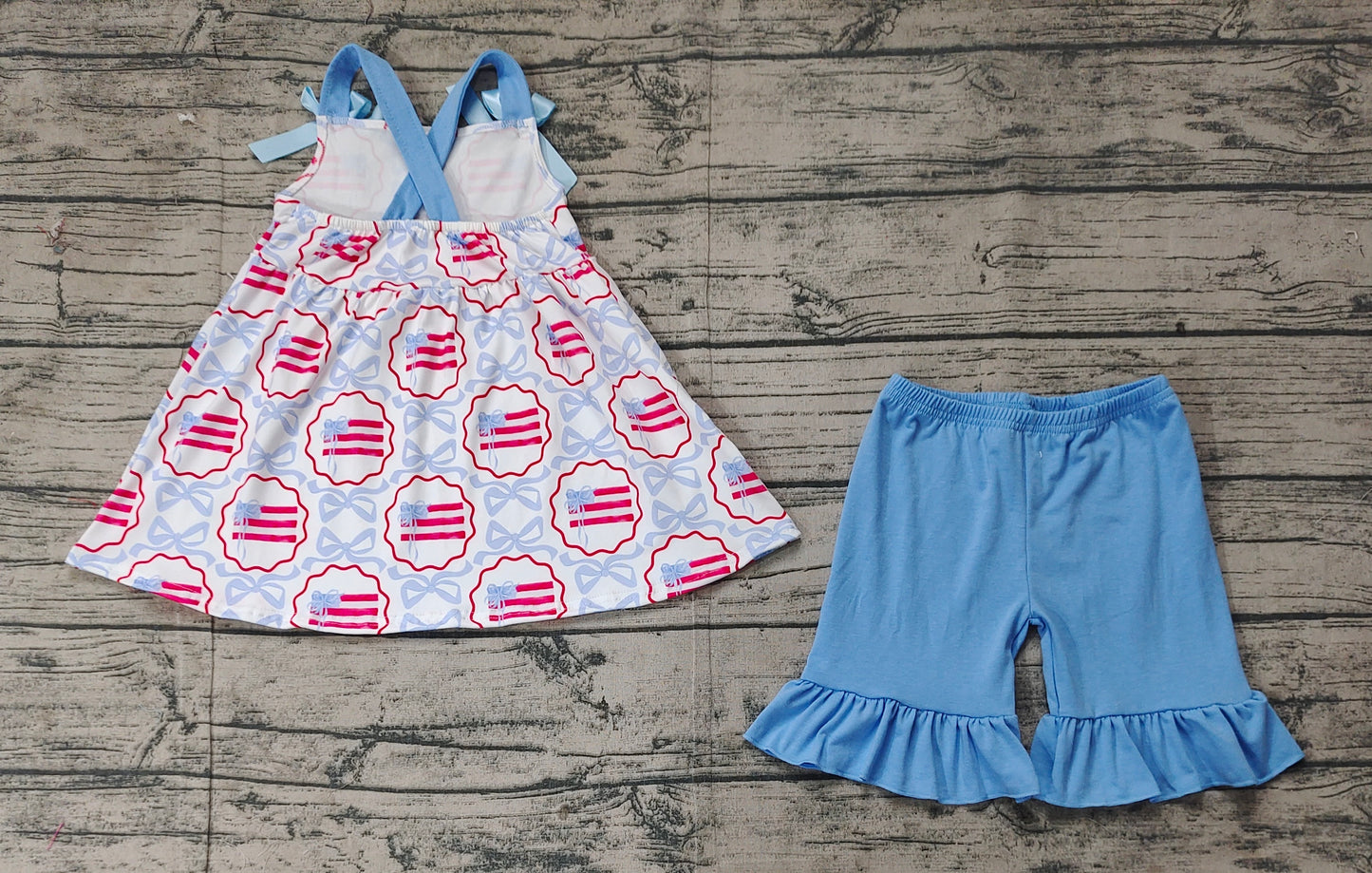 Baby Girls Blue Bows Flag Top Ruffle Shorts Clothes Sets