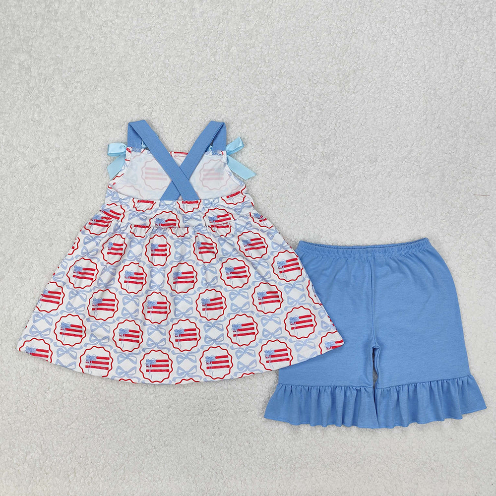 Baby Girls Blue Bows Flag Top Ruffle Shorts Clothes Sets