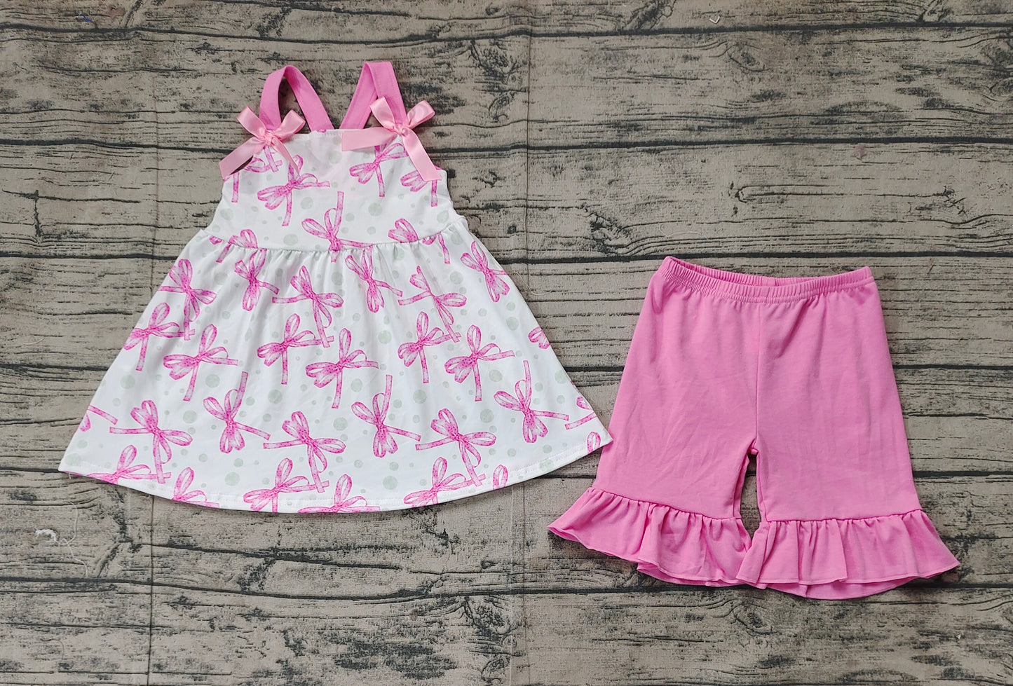 Baby Girls Pink Bows Straps Top Ruffle Shorts Clothes Sets