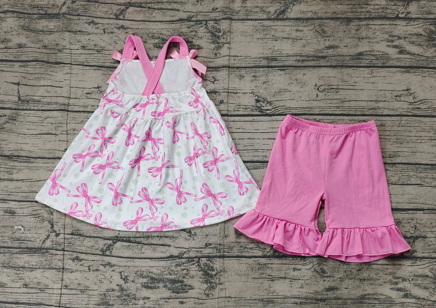 Baby Girls Pink Bows Straps Top Ruffle Shorts Clothes Sets